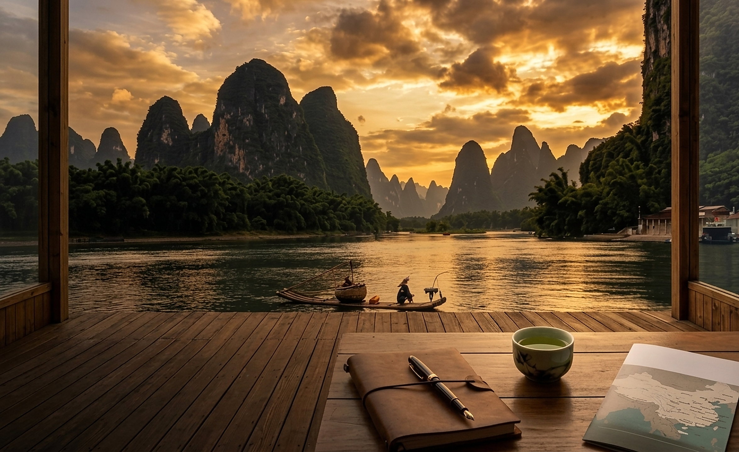 Karst peaks along a river at sunset in southern China